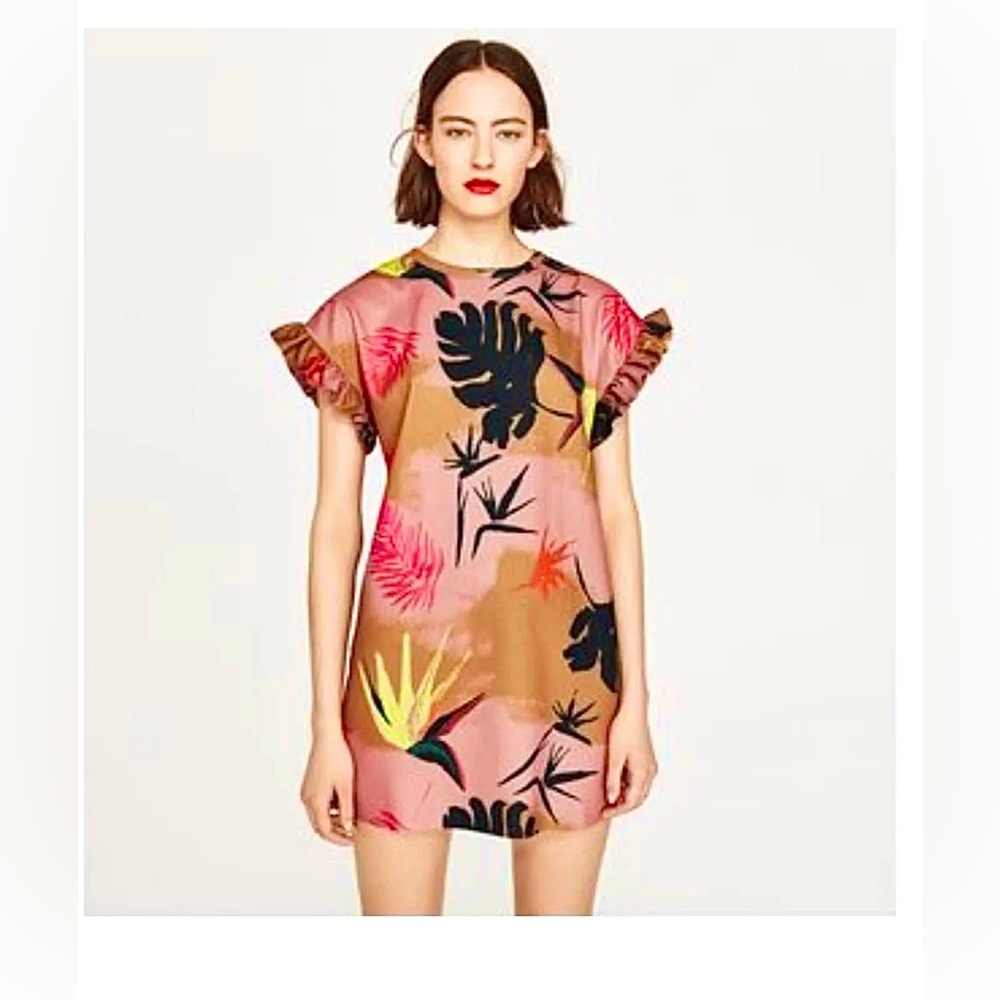 ZARA tropical mini dress with ruffle sleeve
